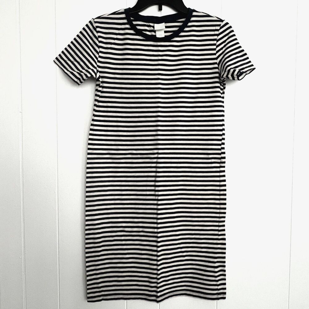 H&M Women’s Cream Navy Blue Nautical Striped Crew Neck T-Shirt Dress M NWOT